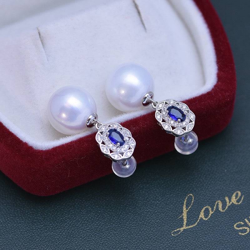 11-12mm Freshwater Pearl & Blue Gem Earrings