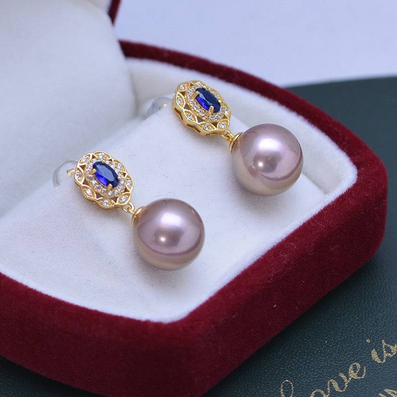 11-12mm Freshwater Pearl & Blue Gem Earrings