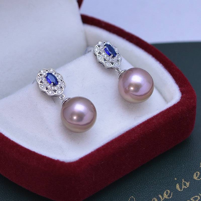 11-12mm Freshwater Pearl & Blue Gem Earrings