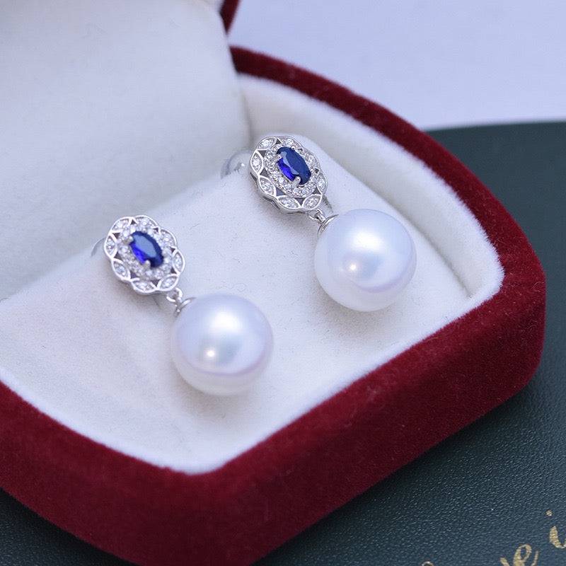 11-12mm Freshwater Pearl & Blue Gem Earrings