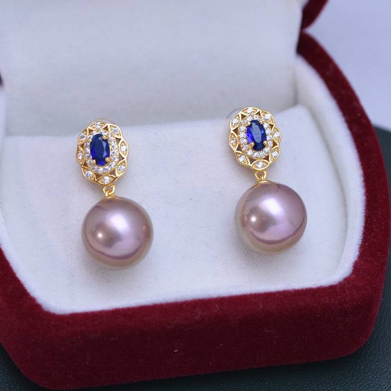 11-12mm Freshwater Pearl & Blue Gem Earrings
