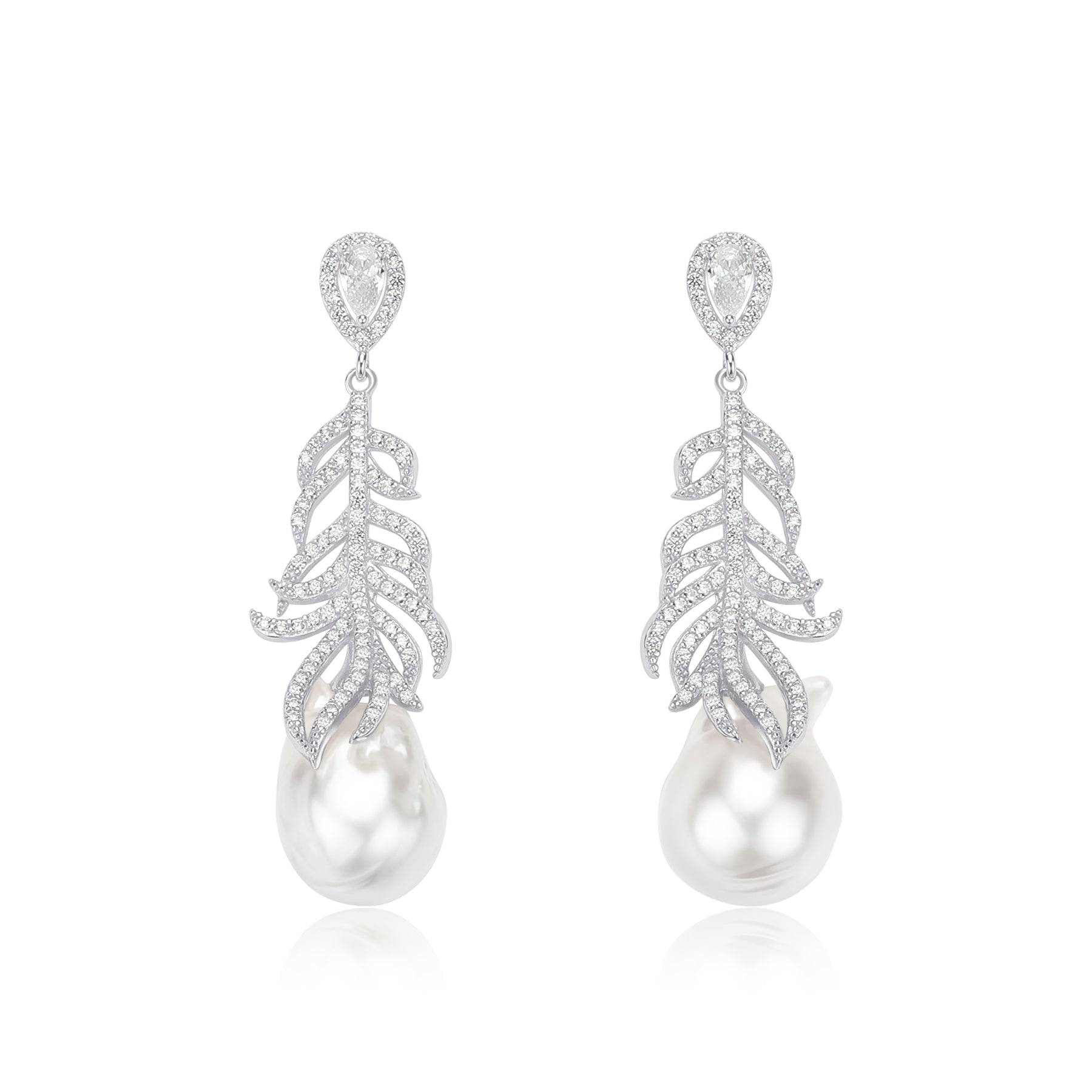 12-14mm Champagne Golden South Sea Baroque Pearl & Feather Earrings