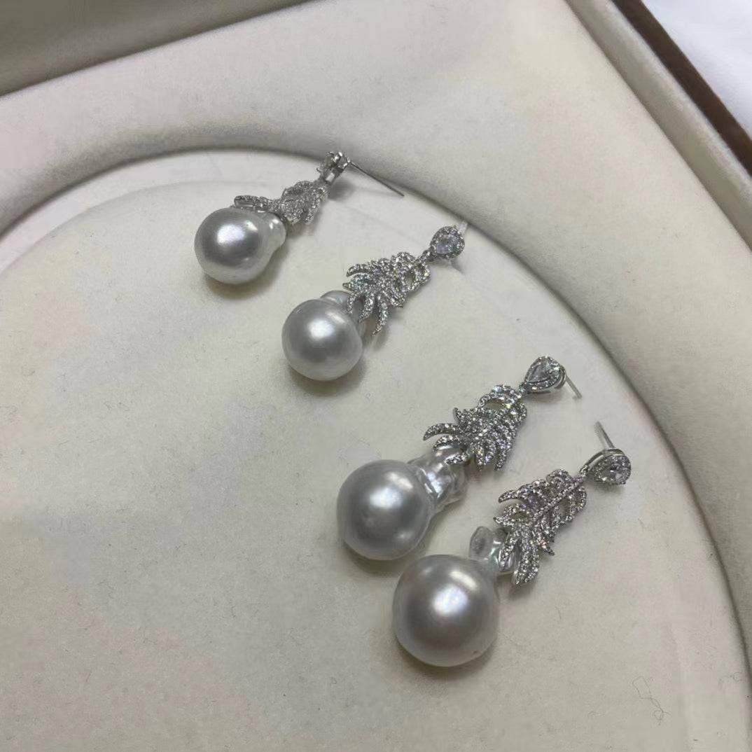 12-14mm Champagne Golden South Sea Baroque Pearl & Feather Earrings