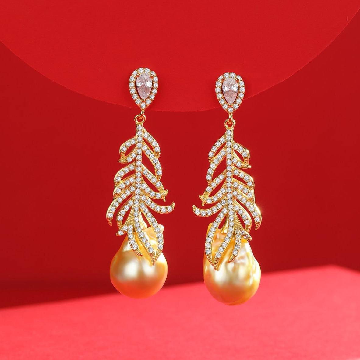 12-14mm White South Sea Baroque Pearl & Feather Earrings