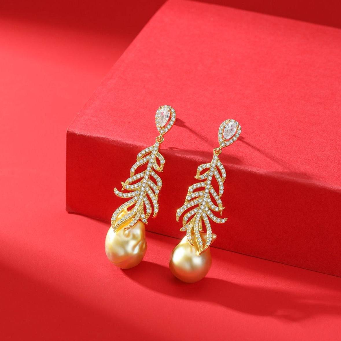 12-14mm White South Sea Baroque Pearl & Feather Earrings