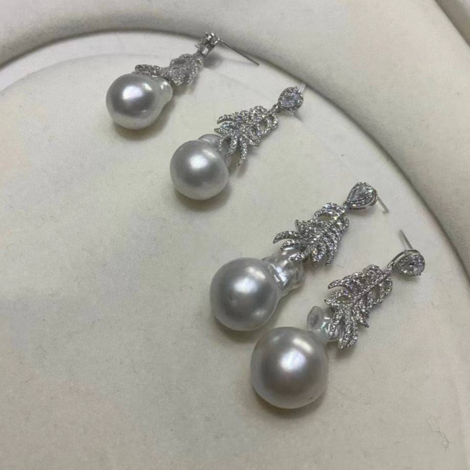 12-14mm White South Sea Baroque Pearl & Feather Earrings