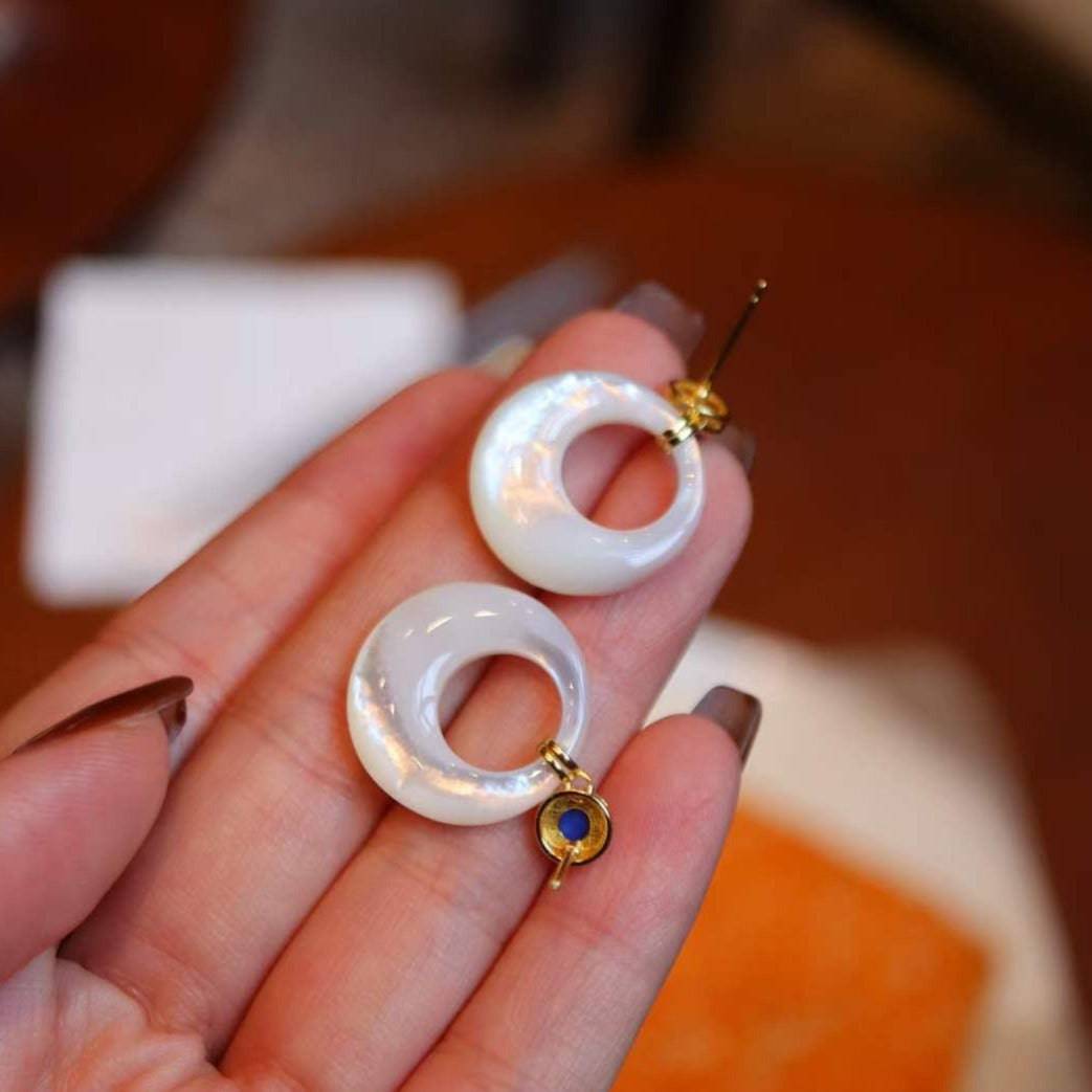 Blue Lapis Lazuli Circle Mother of Pearls Earrings Gold Vermeil