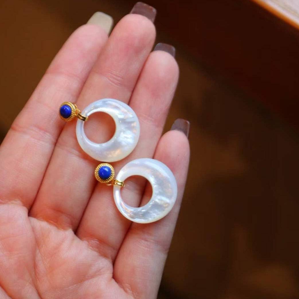 Blue Lapis Lazuli Circle Mother of Pearls Earrings Gold Vermeil