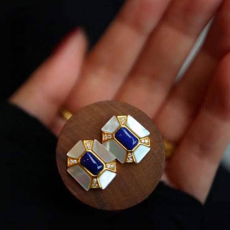 Blue Lapis Lazuli Dennis Gem Mother of Pearls Gold Vermeil Earrings