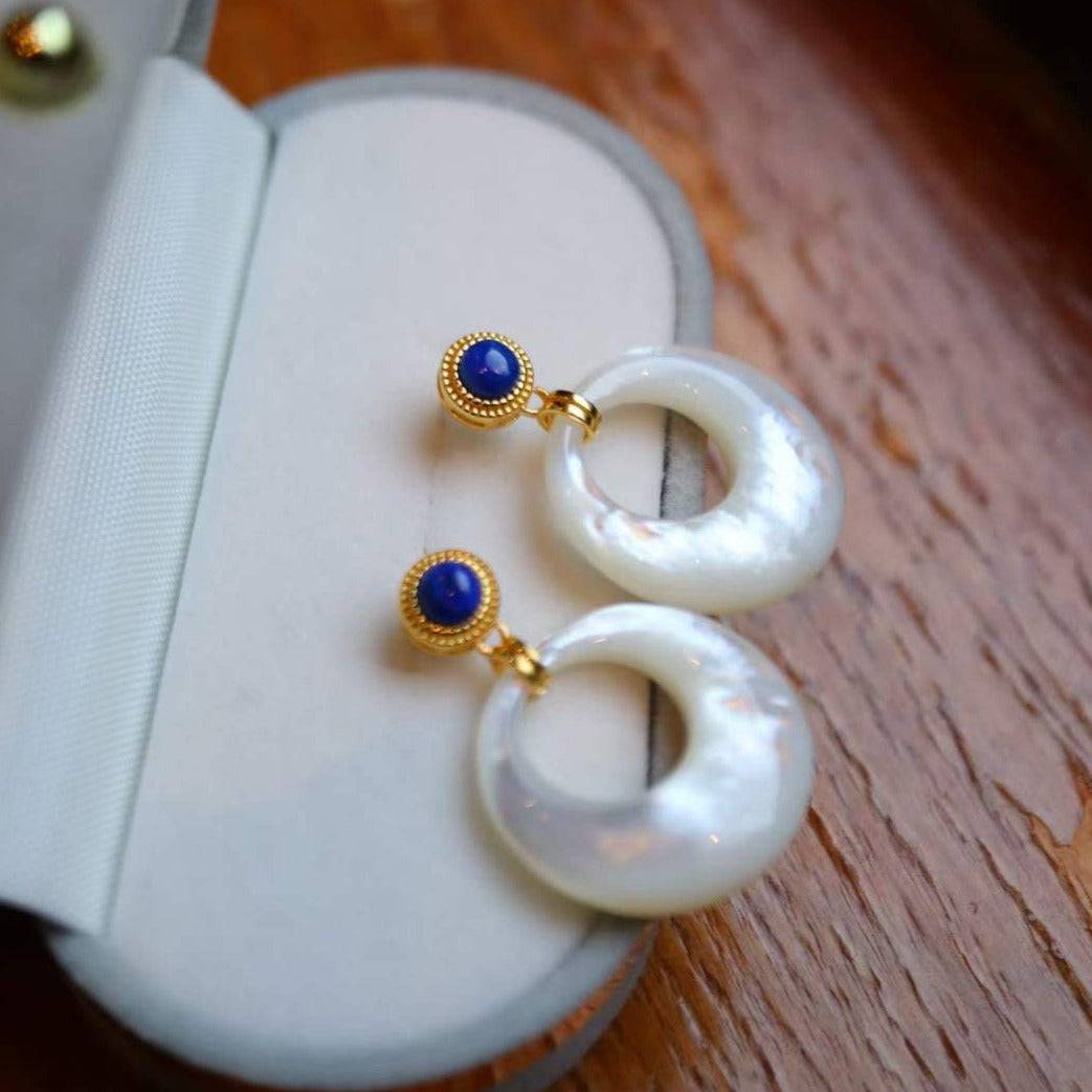Blue Lapis Lazuli Circle Mother of Pearls Earrings Gold Vermeil