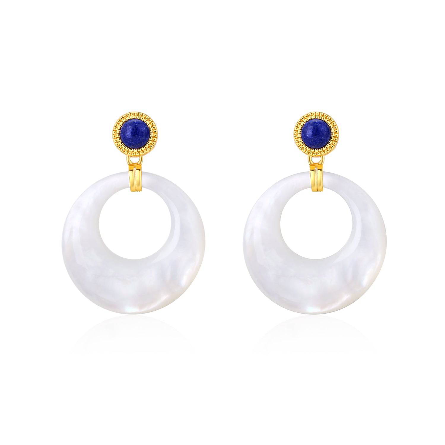 Blue Lapis Lazuli Circle Mother of Pearls Earrings Gold Vermeil