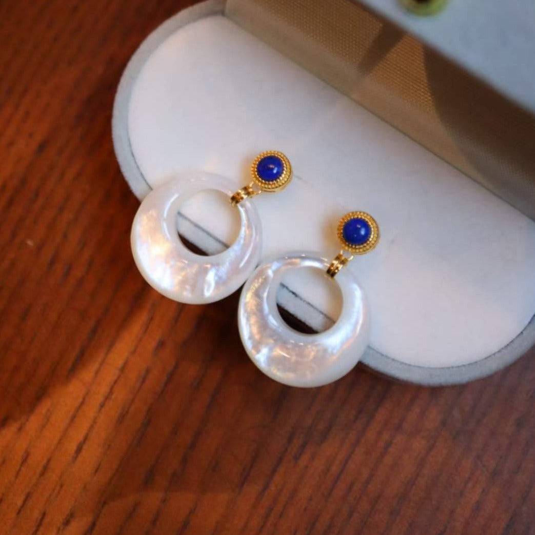 Blue Lapis Lazuli Circle Mother of Pearls Earrings Gold Vermeil