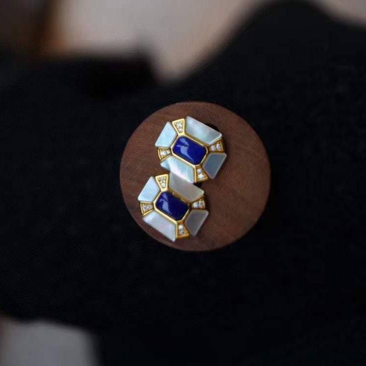 Blue Lapis Lazuli Dennis Gem Mother of Pearls Gold Vermeil Earrings