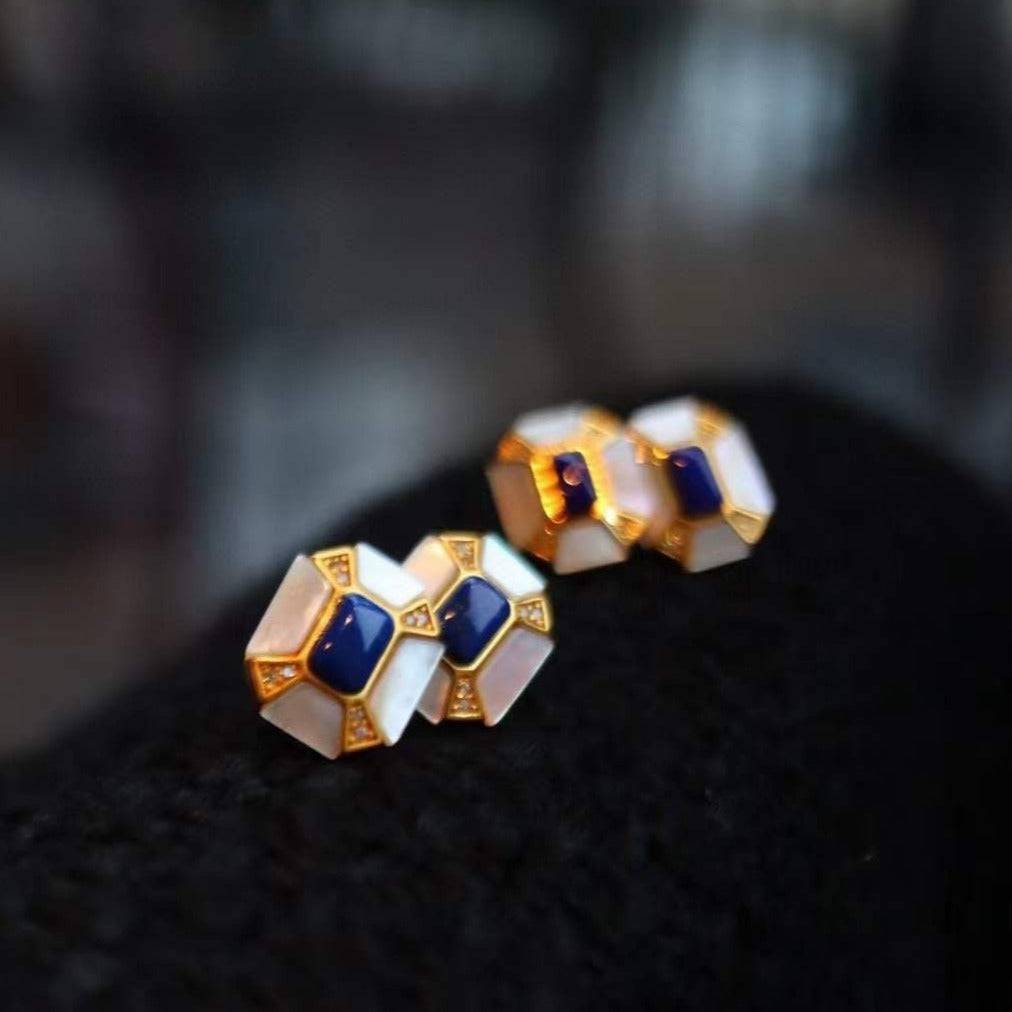 Blue Lapis Lazuli Dennis Gem Mother of Pearls Gold Vermeil Earrings