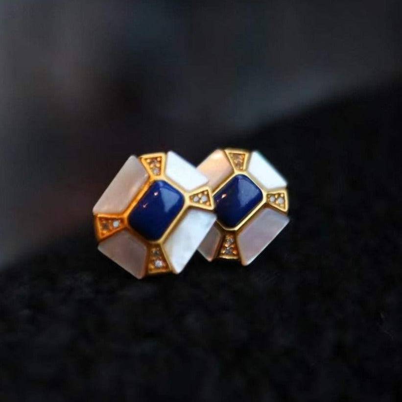 Blue Lapis Lazuli Dennis Gem Mother of Pearls Gold Vermeil Earrings