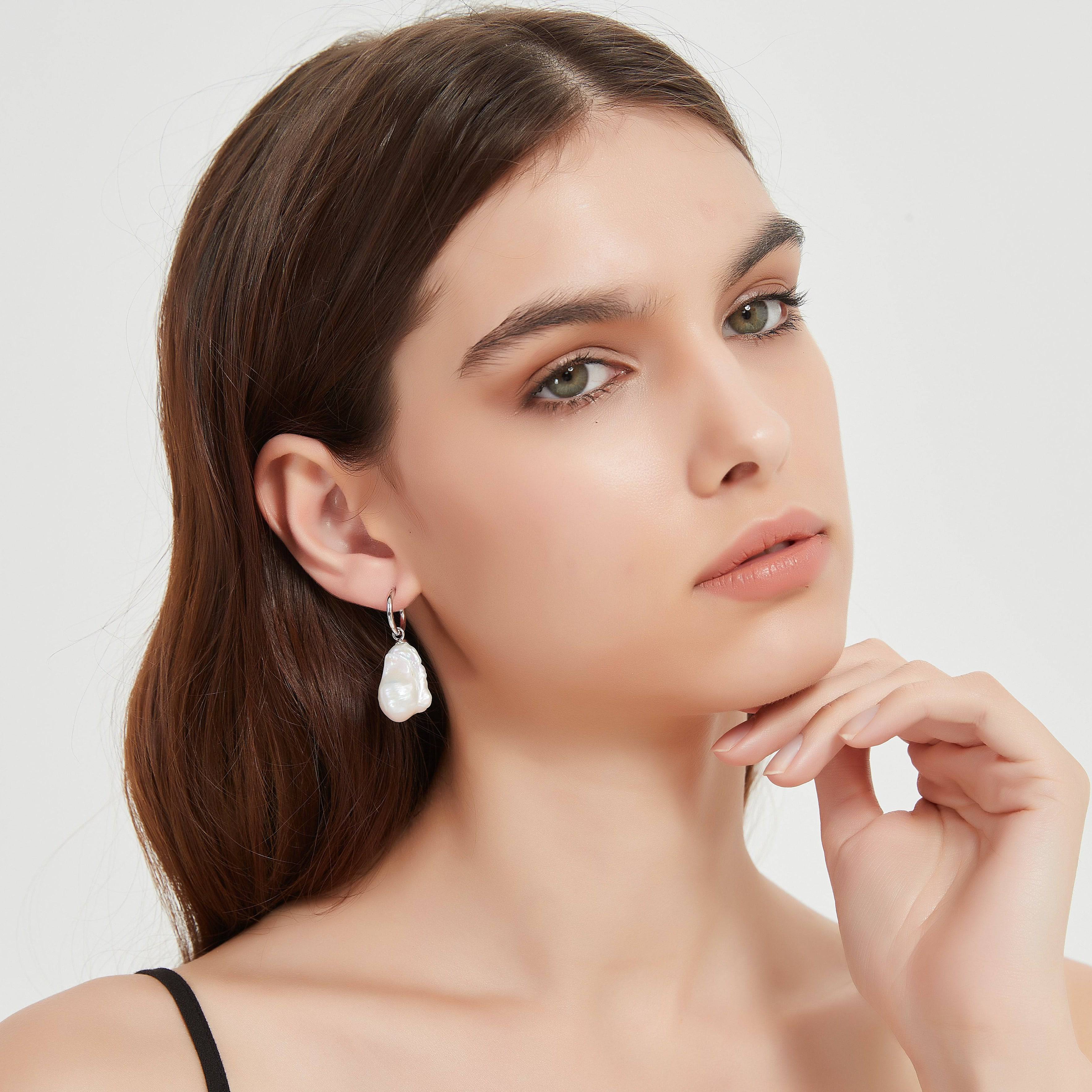 Smooth Hoop Large Baroque Pearl Drop Earrings