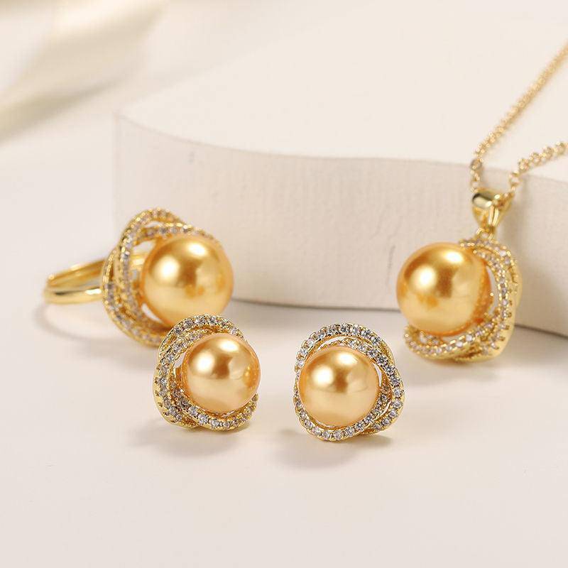 Golden South Sea Pearl 11.0-12.0mm & CZ Rose Earrings