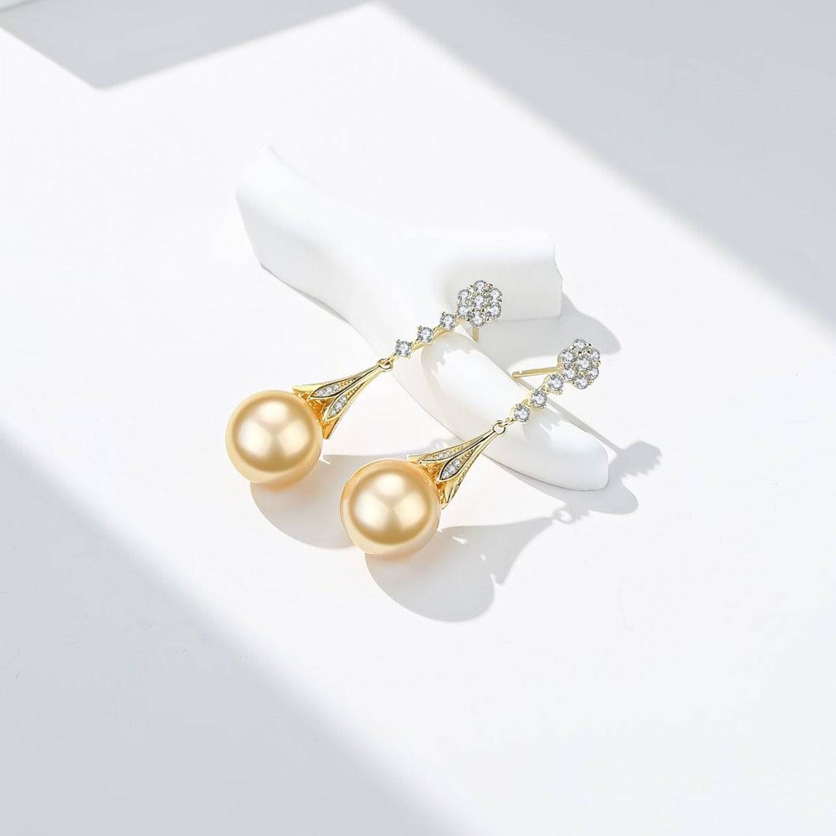 Golden South Sea Pearl & CZ Daisy Earrings