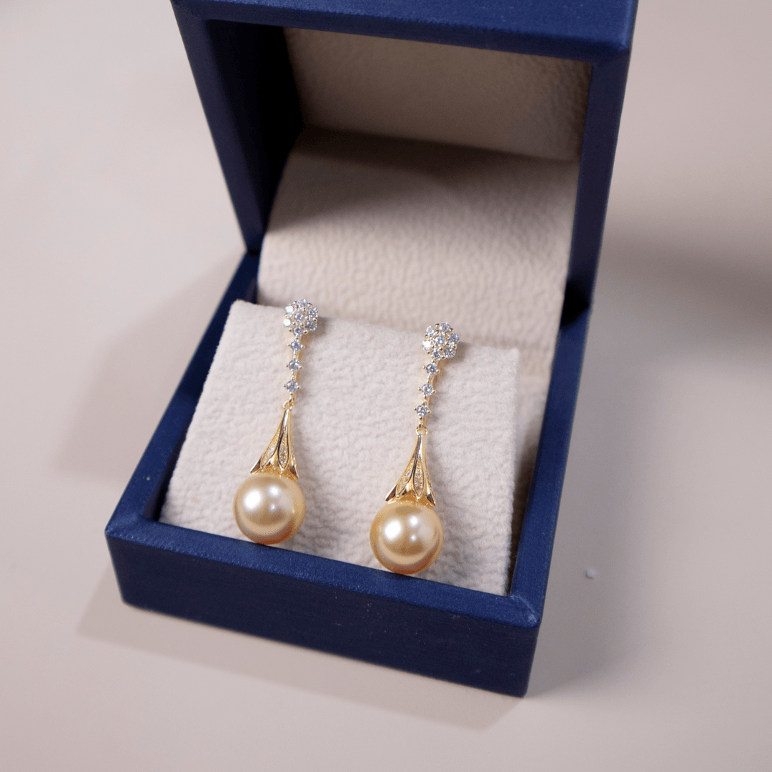 Golden South Sea Pearl & CZ Daisy Earrings