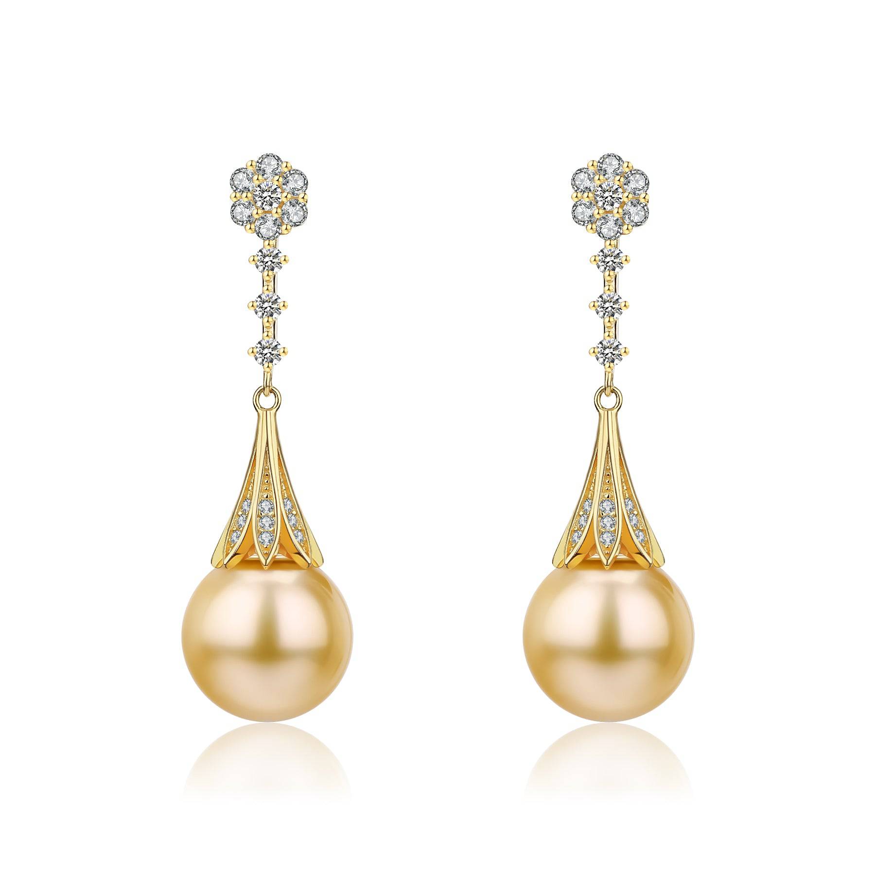 Golden South Sea Pearl & CZ Daisy Earrings