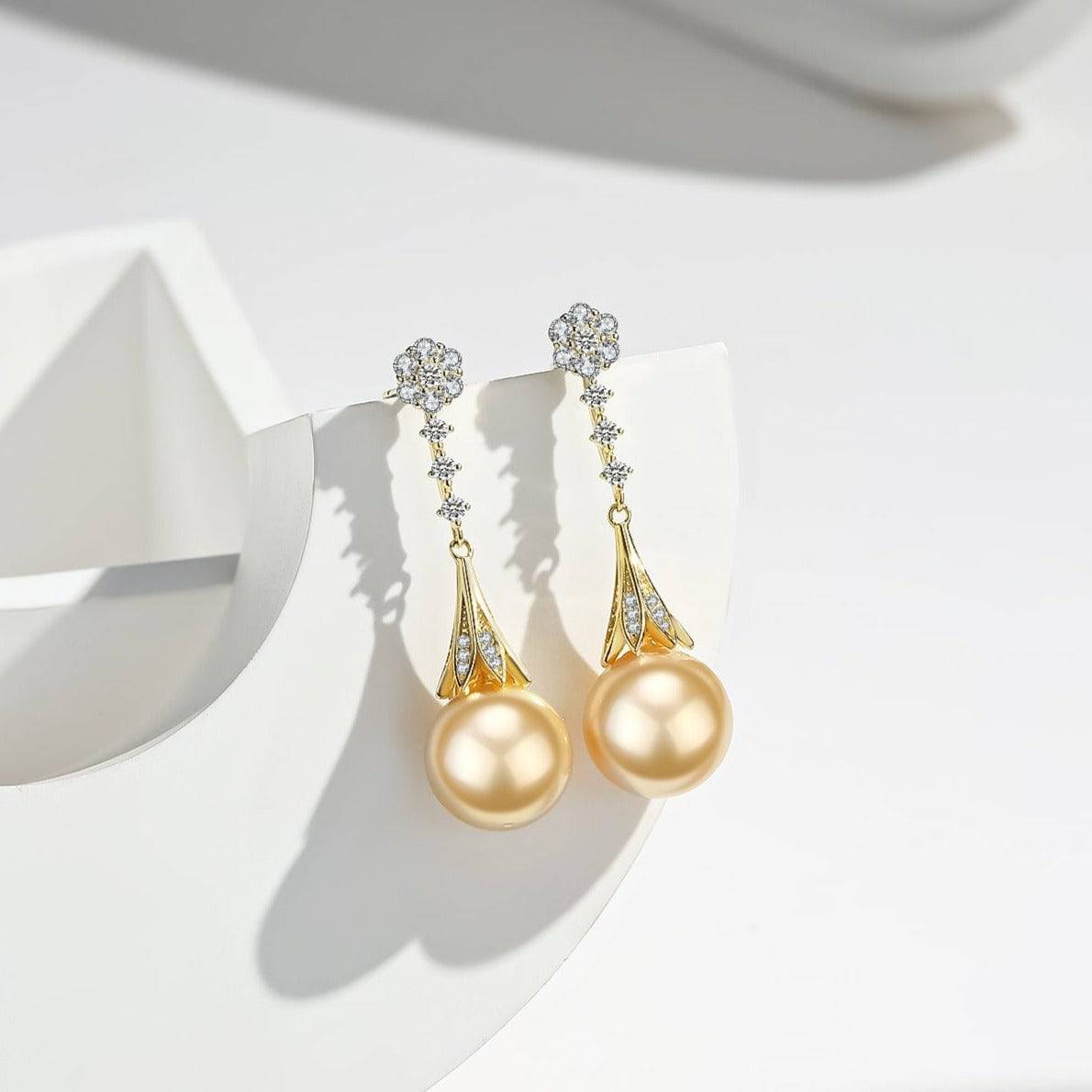 Golden South Sea Pearl & CZ Daisy Earrings