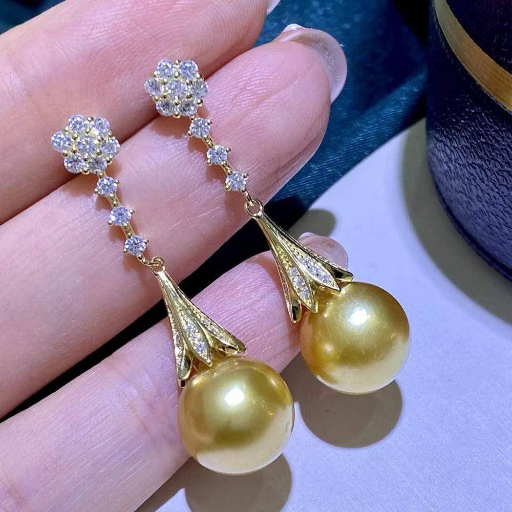 Golden South Sea Pearl & CZ Daisy Earrings