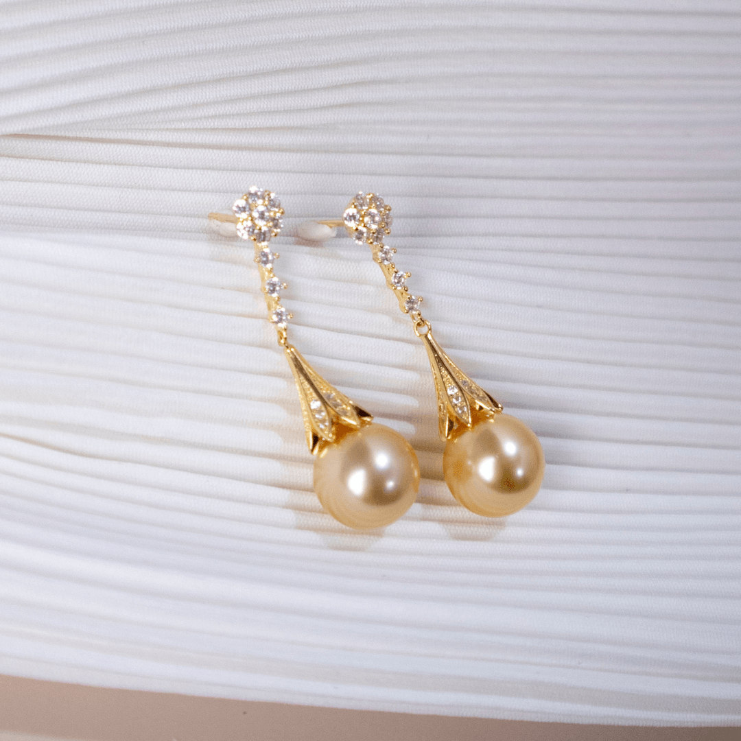 Golden South Sea Pearl & CZ Daisy Earrings