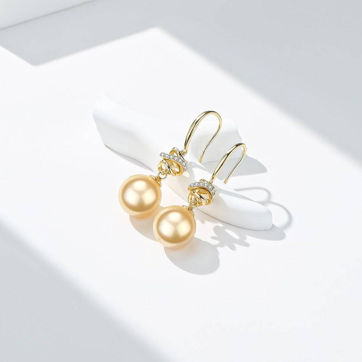 Golden South Sea Pearl & CZ Drop Earrings