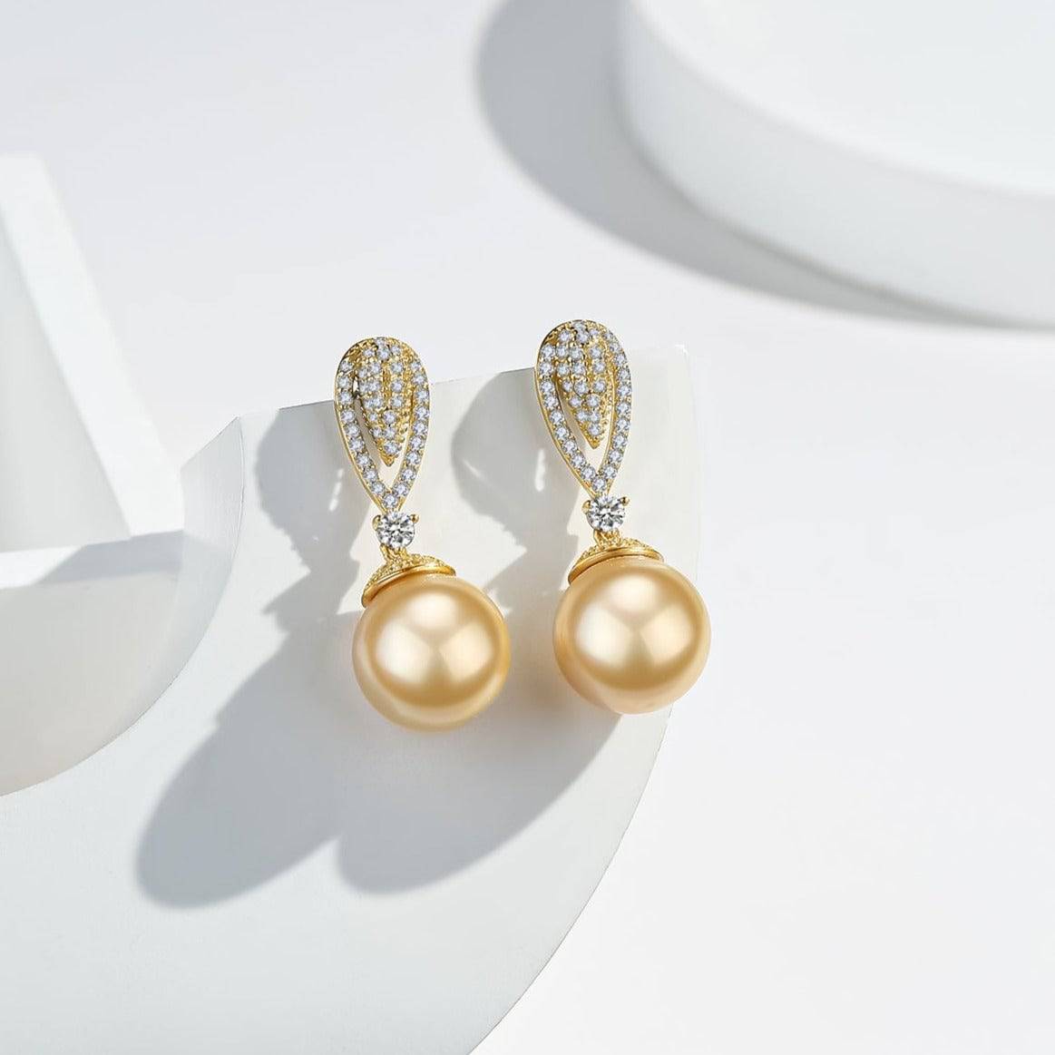Golden South Sea Pearl & CZ Earrings