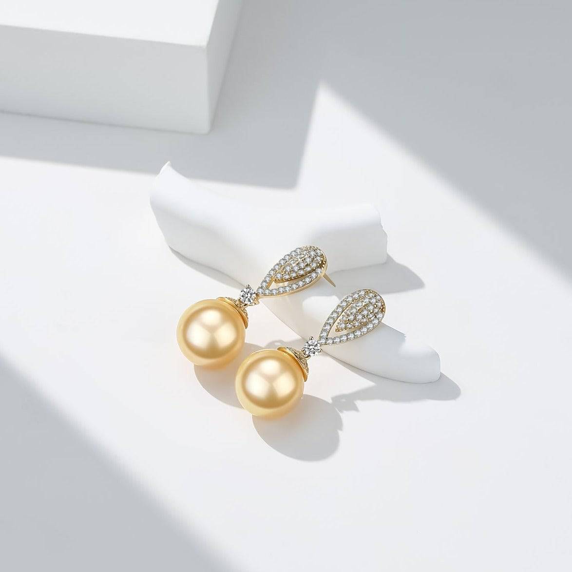 Golden South Sea Pearl & CZ Earrings