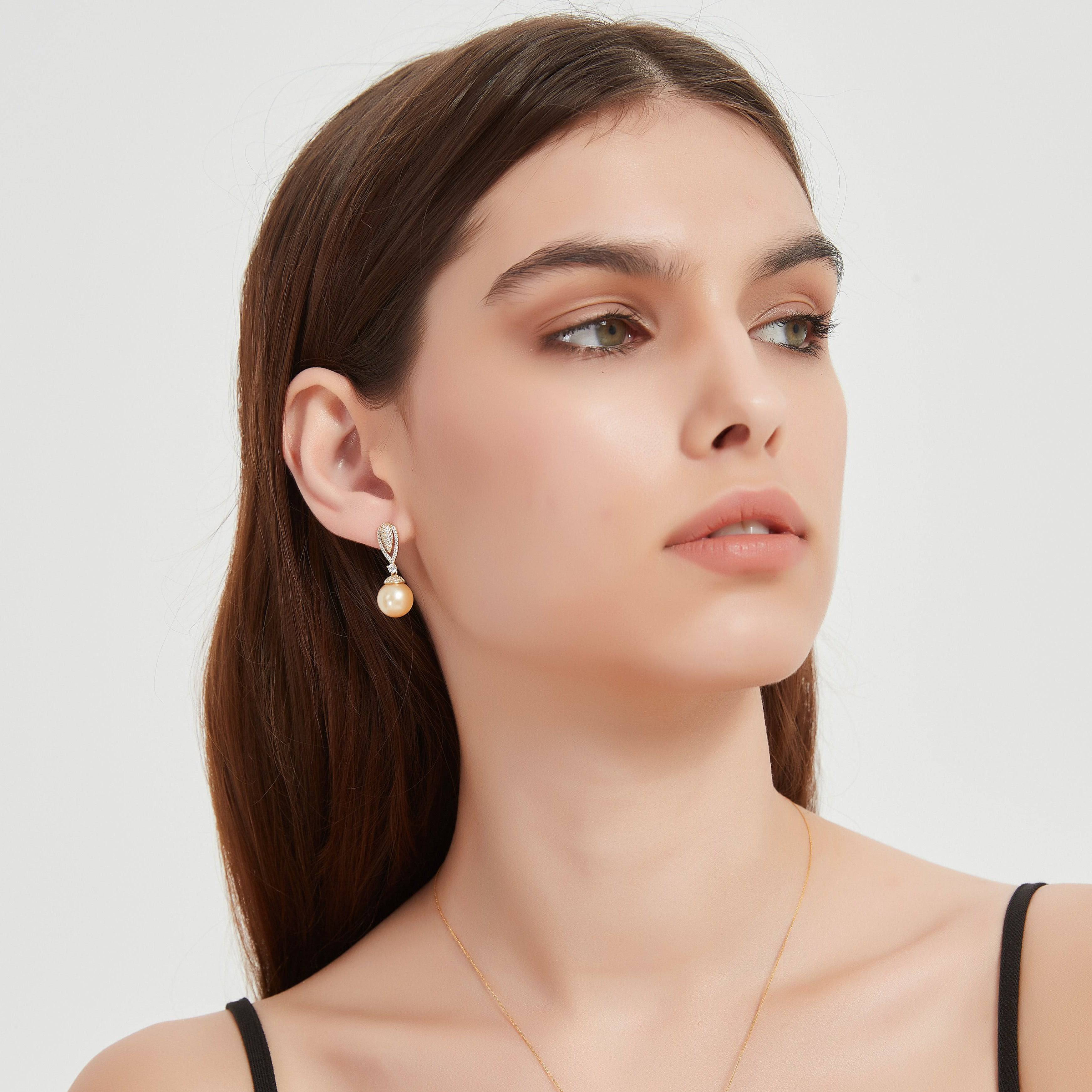 Golden South Sea Pearl & CZ Earrings