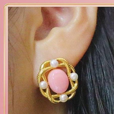 Square Pink Queen Conch Shell Pearls Earrings Gold Vermeil