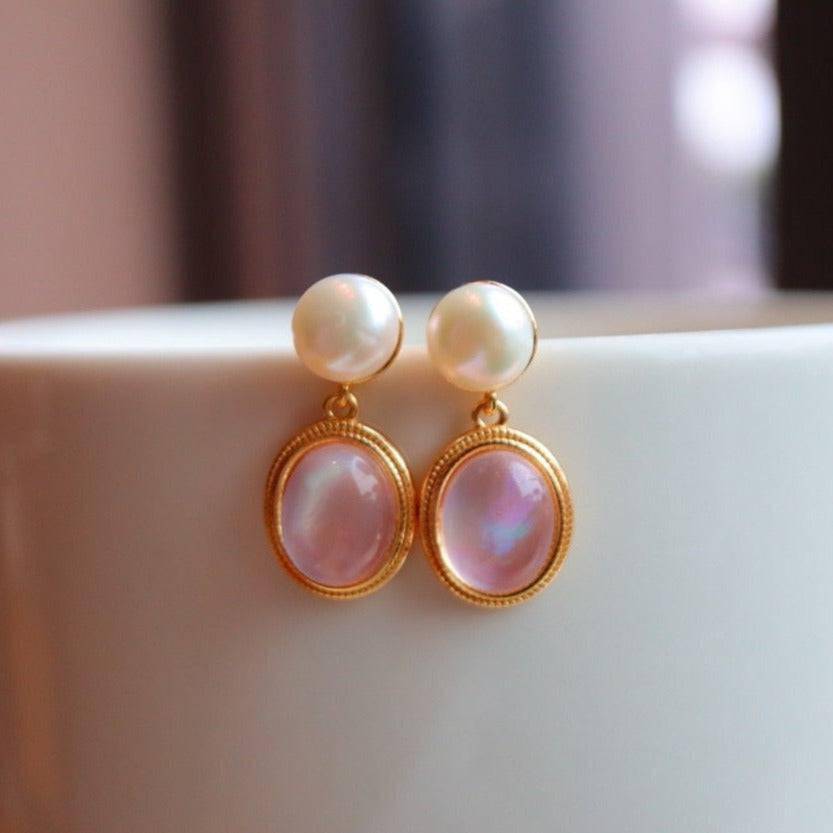 Pink Natural Crystal Mother of Pearls Earrings Gold Vermeil