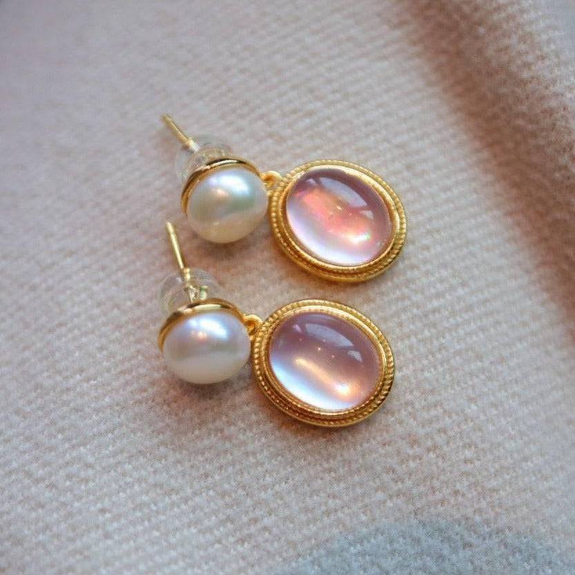 Pink Natural Crystal Mother of Pearls Earrings Gold Vermeil