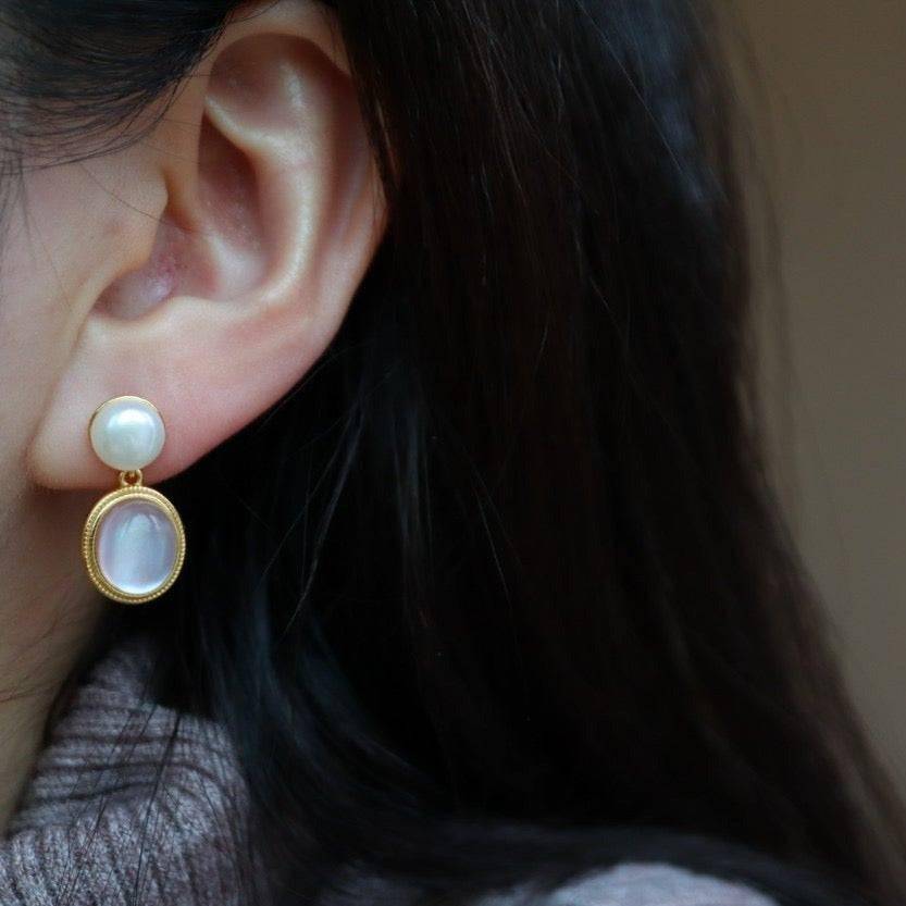 Pink Natural Crystal Mother of Pearls Earrings Gold Vermeil