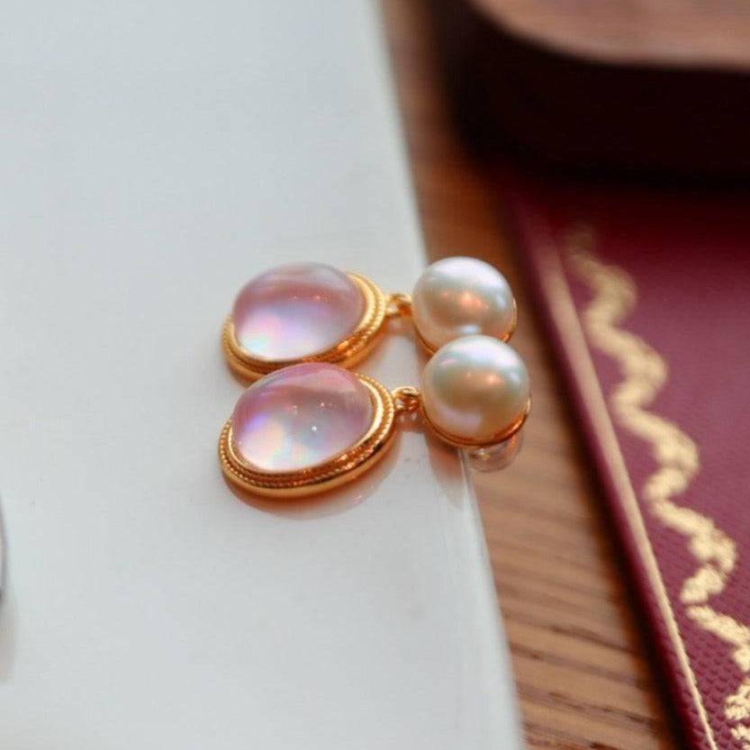 Pink Natural Crystal Mother of Pearls Earrings Gold Vermeil