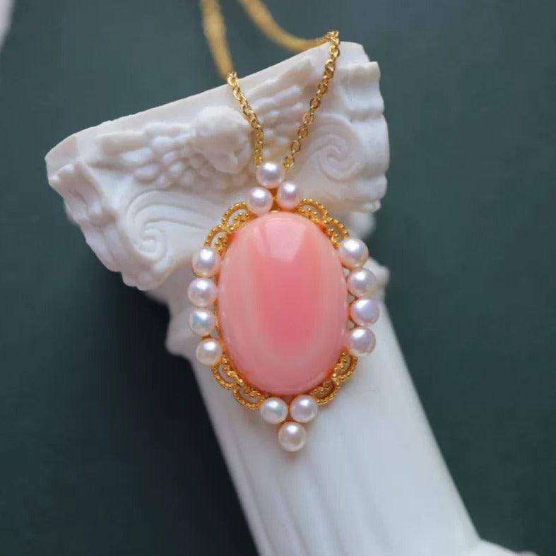 Princess Oval Pink Queen Conch Shell Pearls Earrings Gold Vermeil