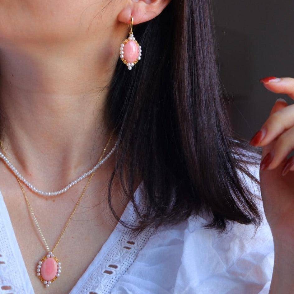 Princess Oval Pink Queen Conch Shell Pearls Earrings Gold Vermeil