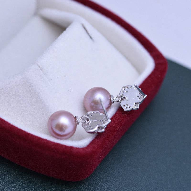 9-10mm Purple Freshwater Pearl & Floral Earrings