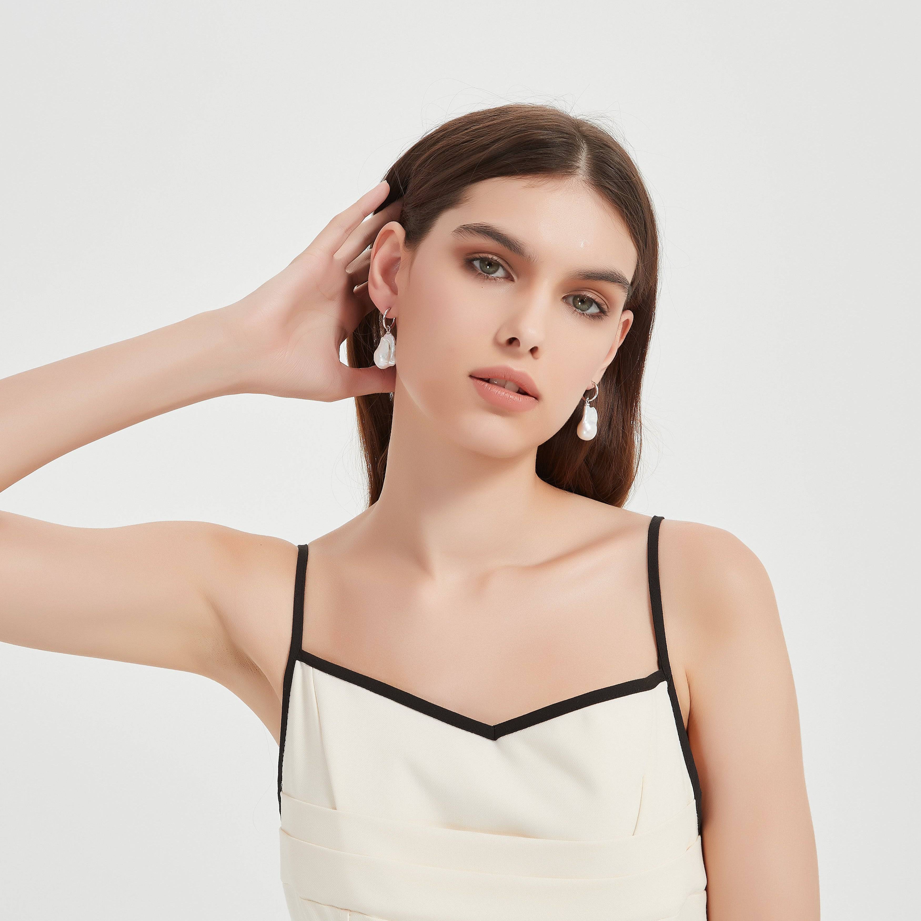 Smooth Hoop Large Baroque Pearl Drop Earrings