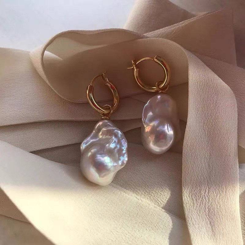 Smooth Hoop Large Baroque Pearl Drop Earrings