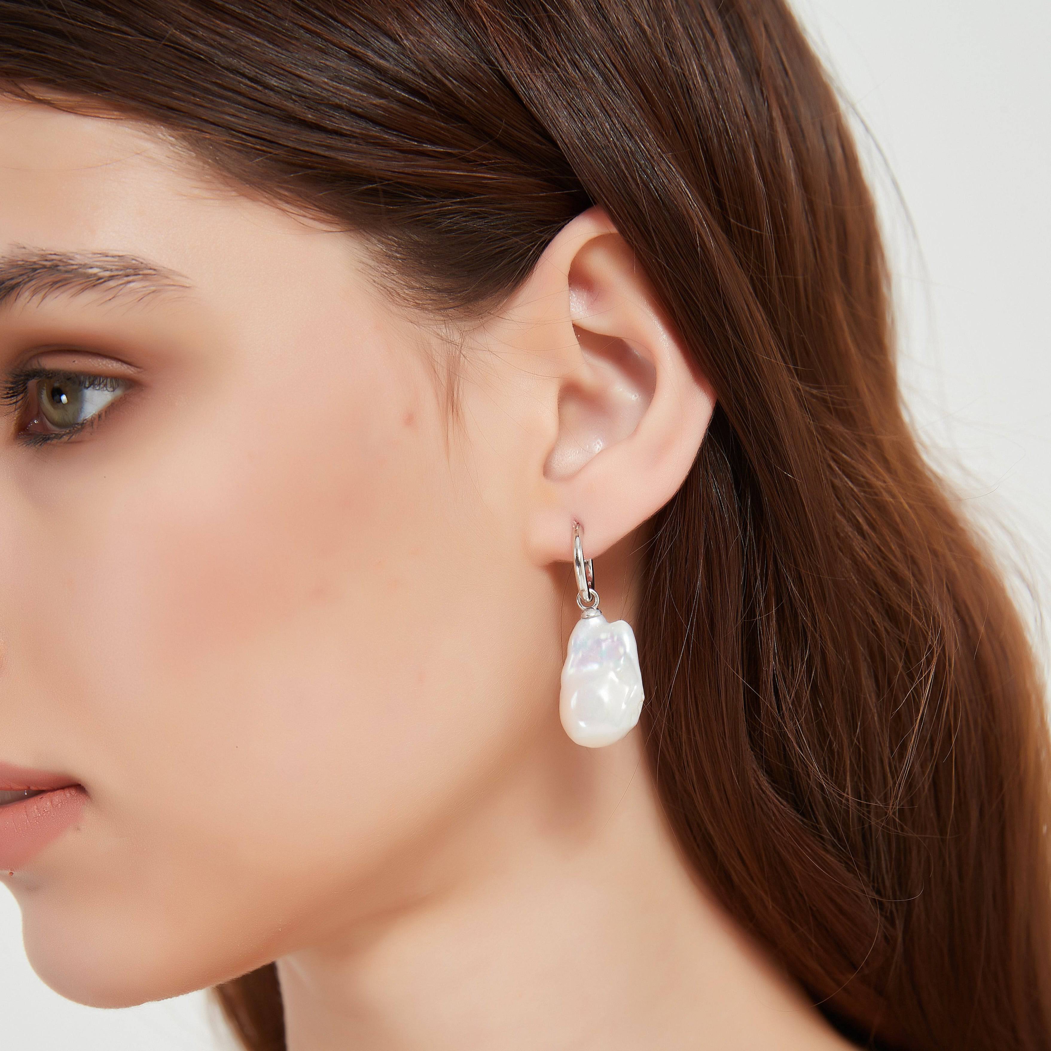 Smooth Hoop Large Baroque Pearl Drop Earrings
