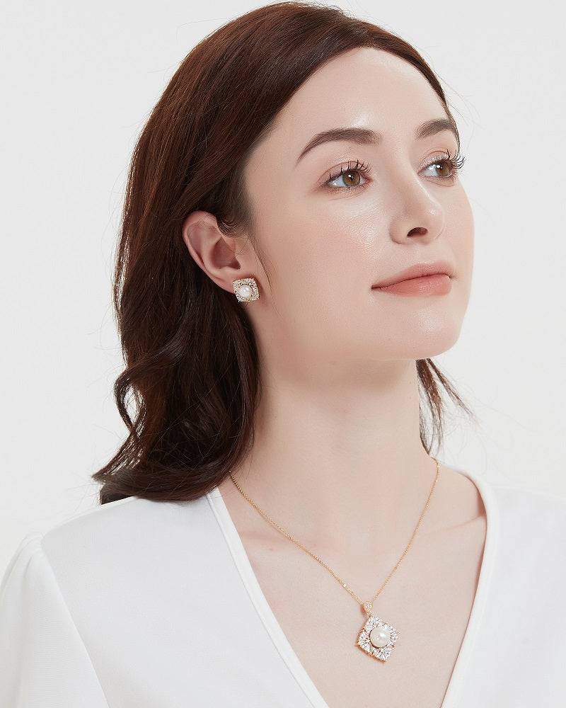 Square Pendant CZ White Freshwater Pearl Earrings Gold Vermeil