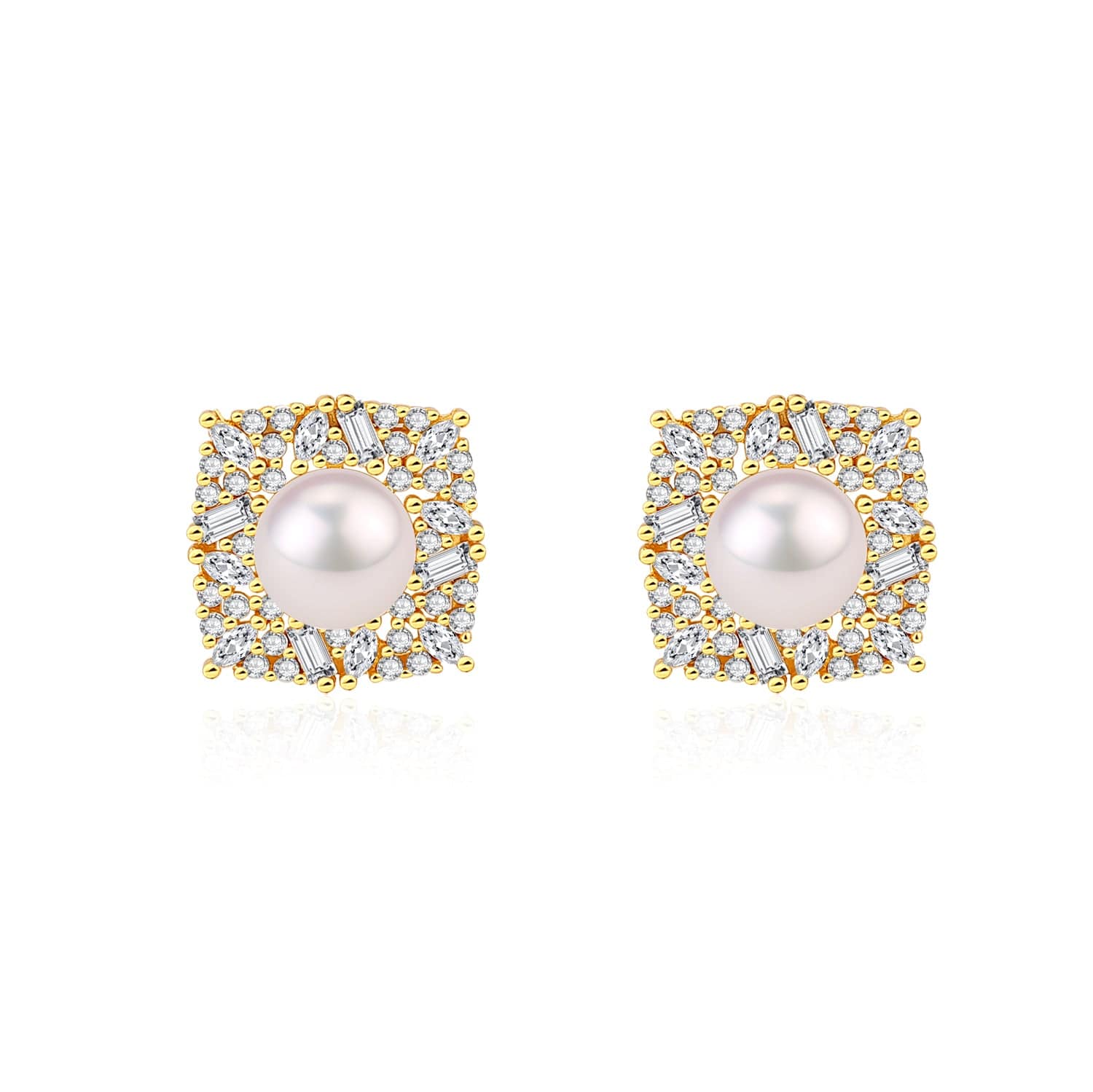 Square Pendant CZ White Freshwater Pearl Earrings Gold Vermeil