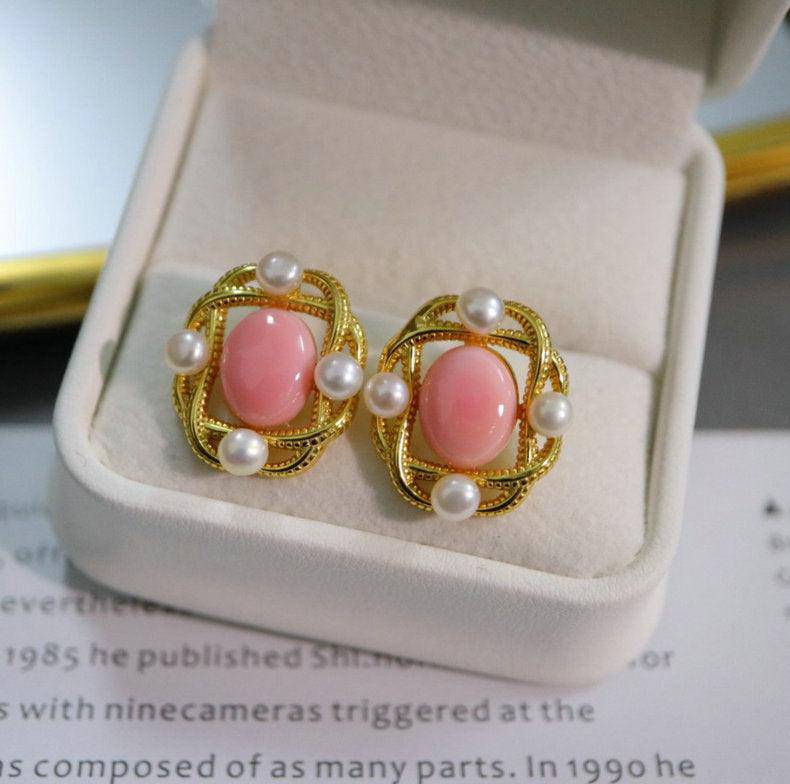 Square Pink Queen Conch Shell Pearls Earrings Gold Vermeil