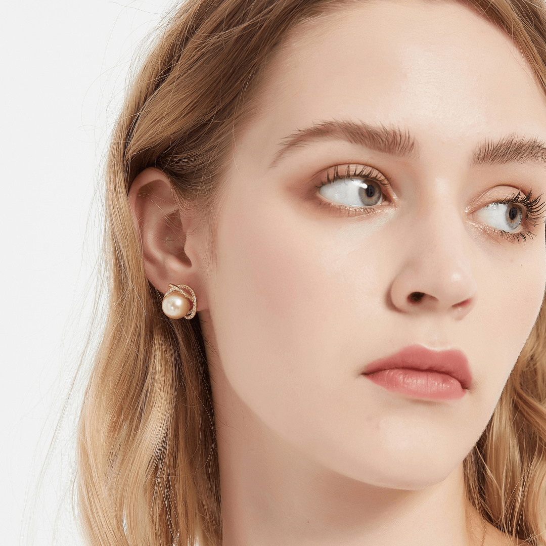 Golden South Sea Pearl 11.0-12.0mm & CZ Rose Earrings