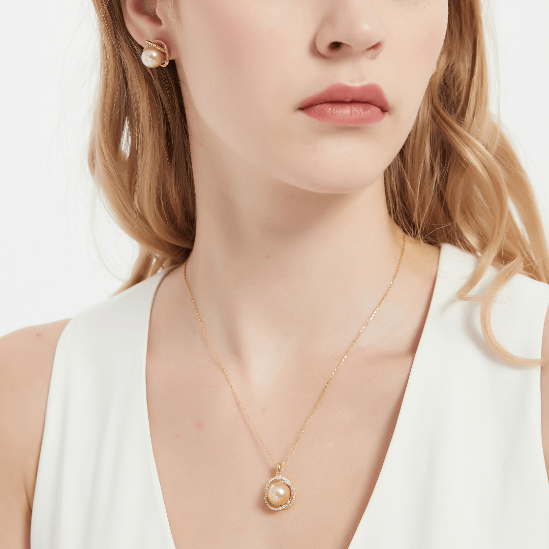 Golden South Sea Pearl 11.0-12.0mm & CZ Rose Earrings