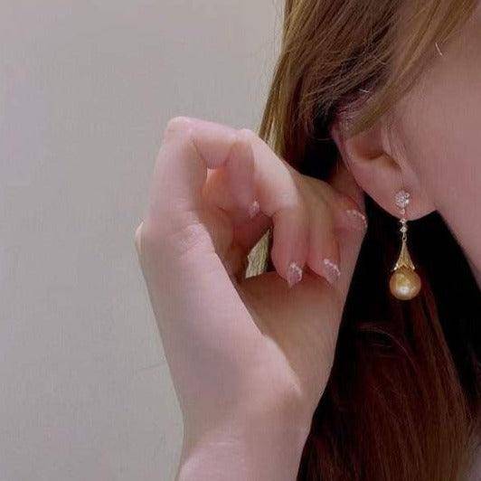 Golden South Sea Pearl & CZ Daisy Earrings