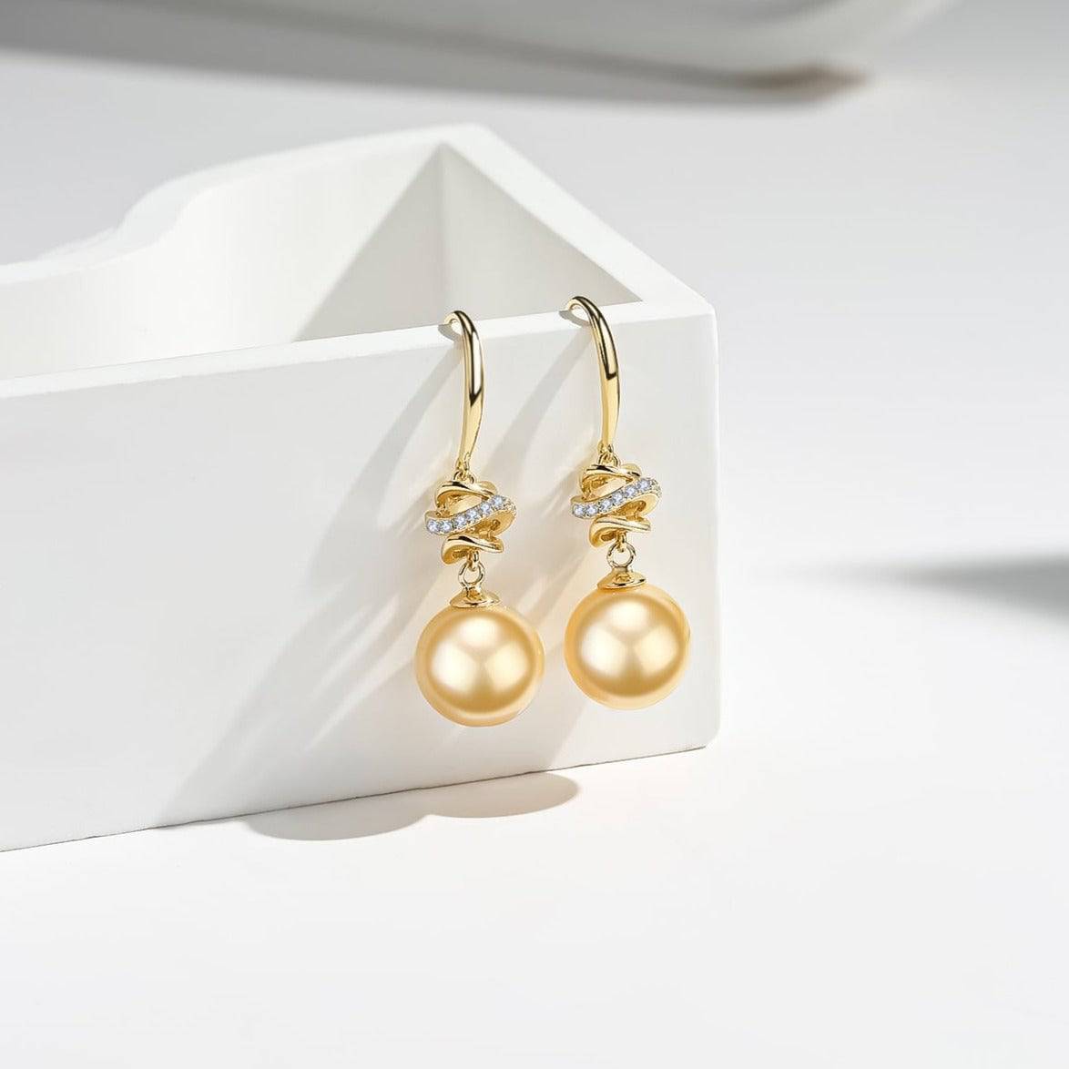 Golden South Sea Pearl & CZ Drop Earrings