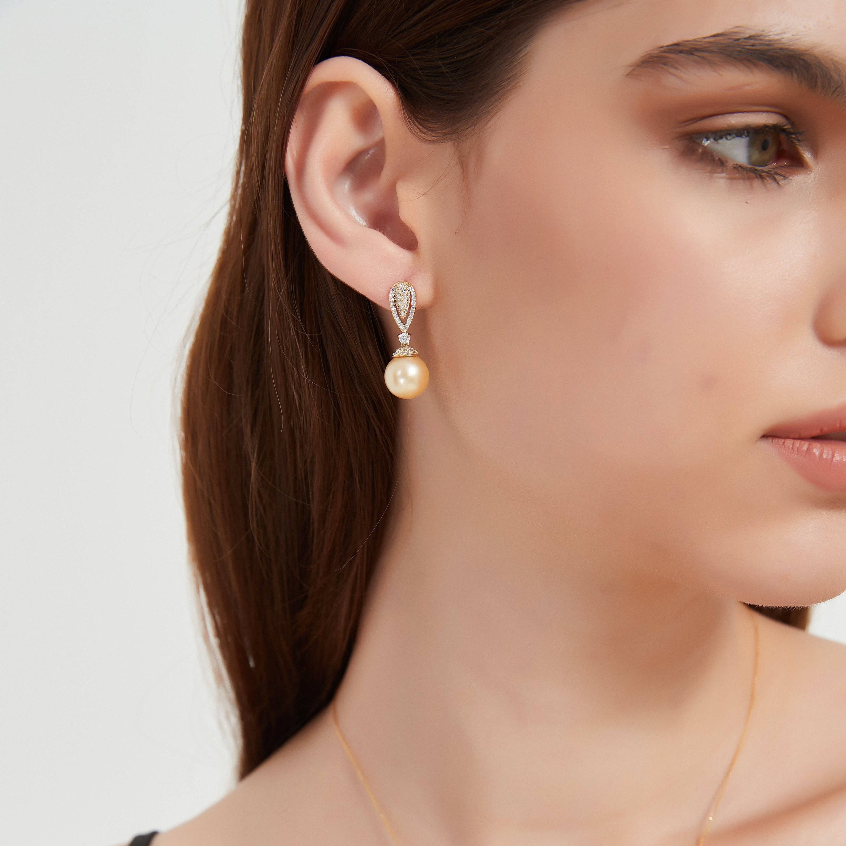 Golden South Sea Pearl & CZ Earrings